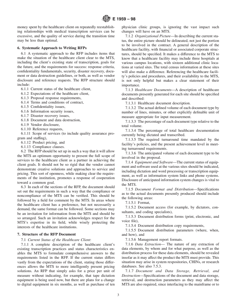 ASTM E1959-98 - Standard Guide for Requests for Proposals Regarding Medical Transcription Services for Healthcare Institutions