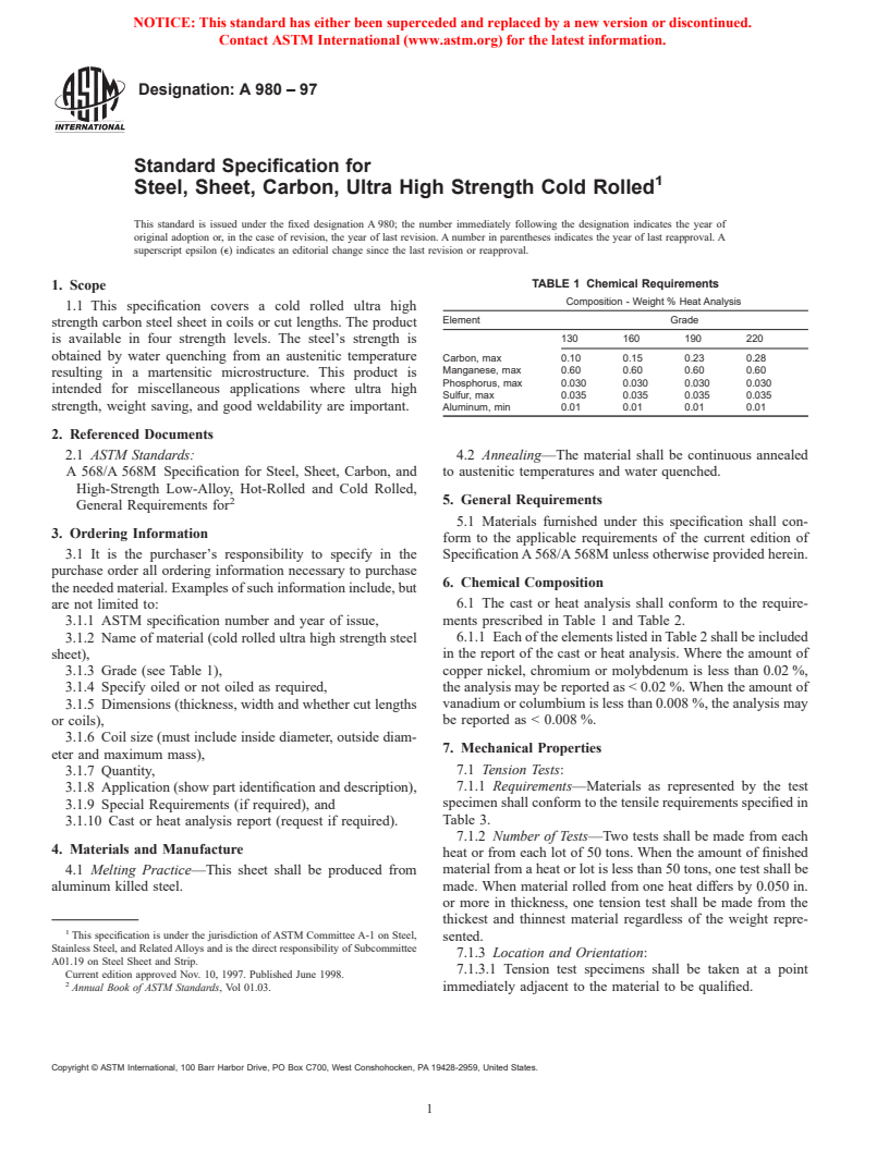 ASTM A980-97 - Standard Specification for Steel, Sheet, Carbon, Ultra High Strength Cold Rolled