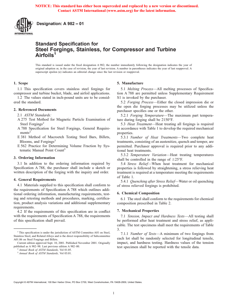 ASTM A982-01 - Standard Specification for Steel Forgings, Stainless, for Compressor and Turbine Airfoils