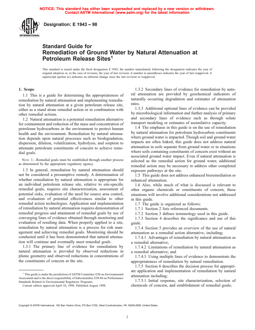 ASTM E1943-98 - Standard Guide for Remediation of Ground Water by Natural Attenuation at Petroleum Release Sites