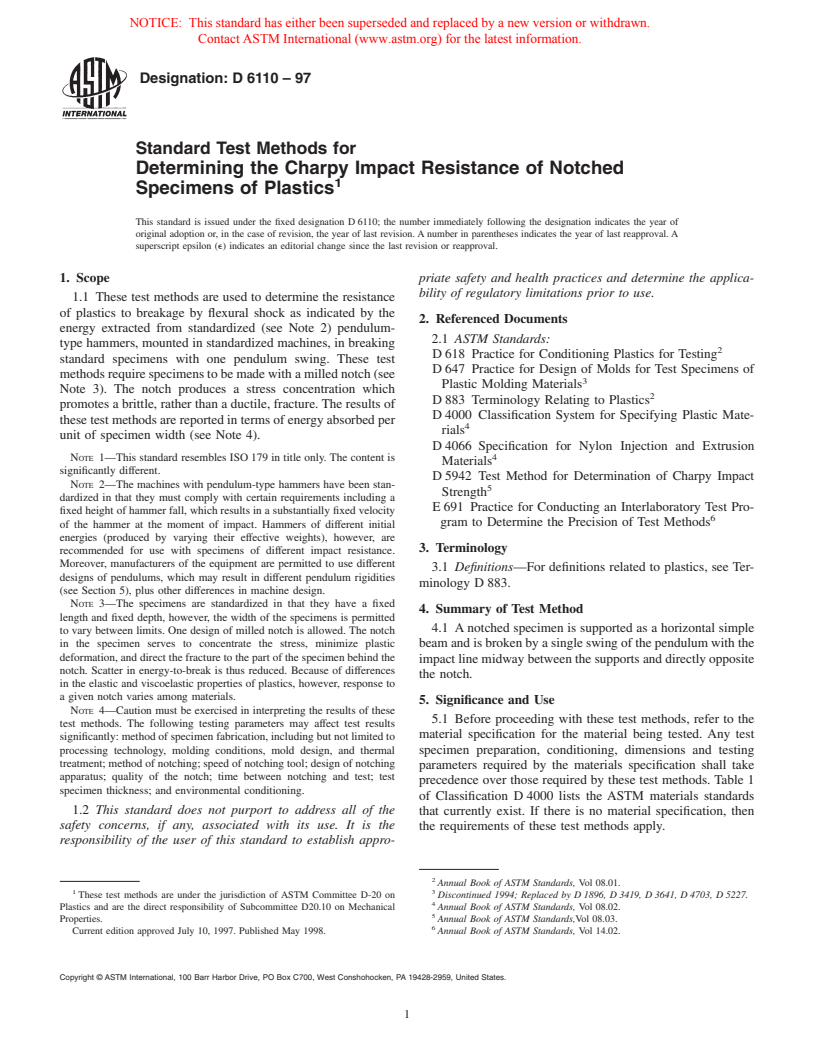 ASTM D6110-97 - Standard Test Methods for Determining the Charpy Impact Resistance of Notched Specimens of Plastics