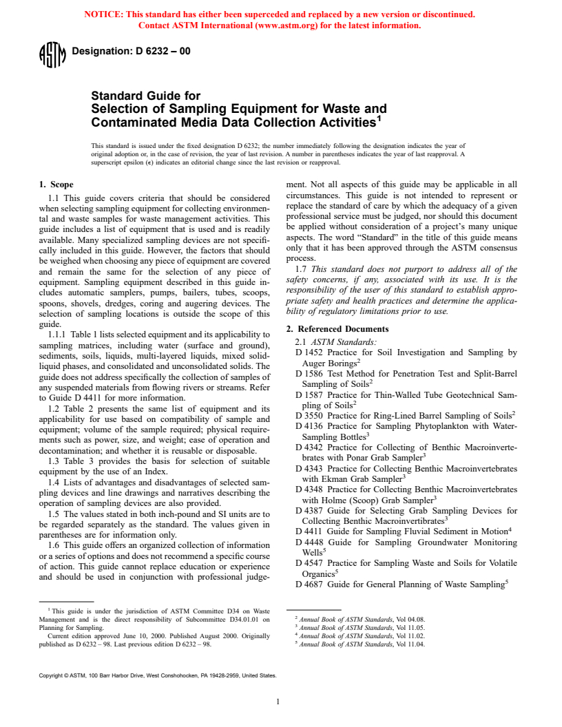 ASTM D6232-00 - Standard Guide for Selection of Sampling Equipment for Waste and Contaminated Media Data Collection Activities