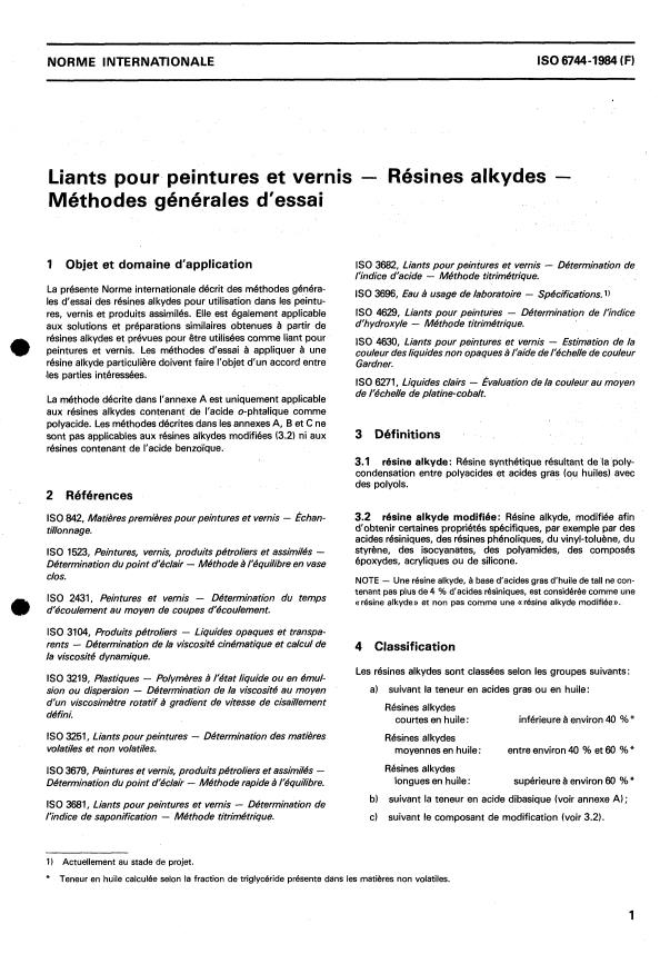 ISO 6744:1984 - Liants pour peintures et vernis -- Résines alkydes -- Méthodes générales d'essai