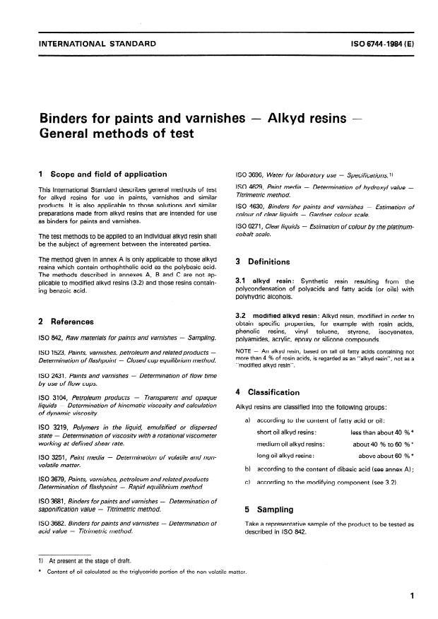 ISO 6744:1984 - Binders for paints and varnishes -- Alkyd resins -- General methods of test