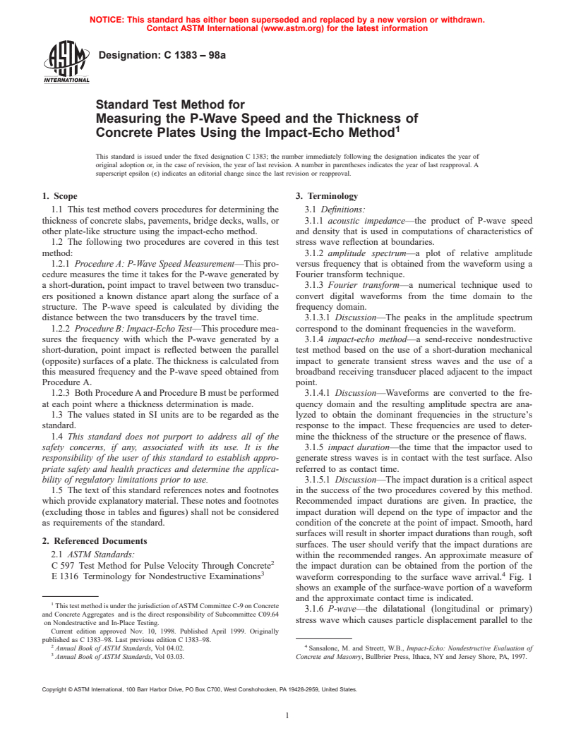 ASTM C1383-98a - Standard Test Method for Measuring the P-Wave Speed and the Thickness of Concrete Plates Using the Impact-Echo Method