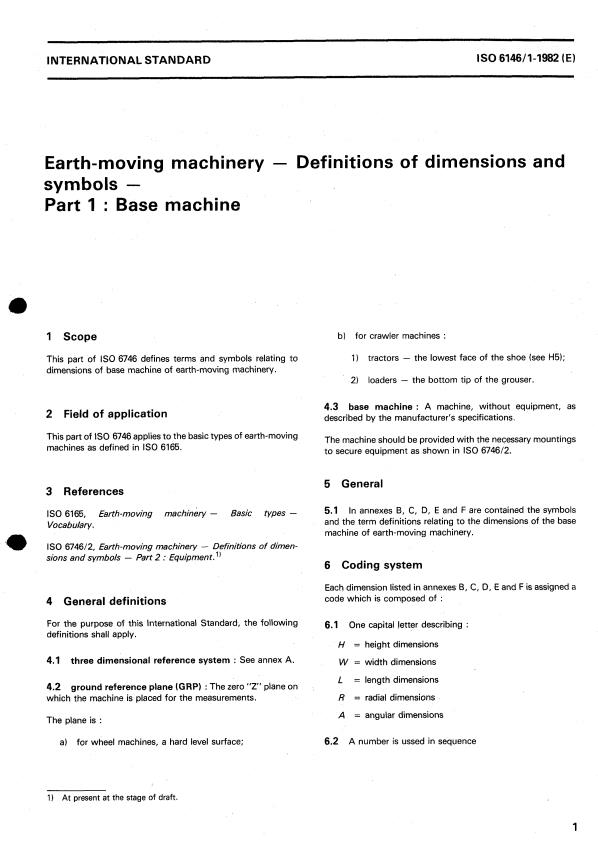 ISO 6746-1:1982 - Earth-moving machinery -- Definitions of dimensions and symbols