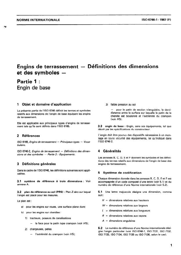 ISO 6746-1:1987 - Engins de terrassement -- Définitions des dimensions et des symboles
