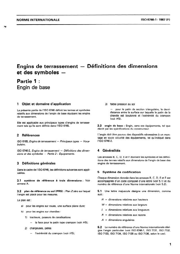 ISO 6746-1:1987 - Engins de terrassement -- Définitions des dimensions et des symboles