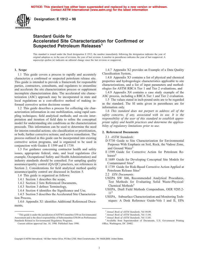 ASTM E1912-98 - Standard Guide for Accelerated Site Characterization for Confirmed or Suspected Petroleum Releases