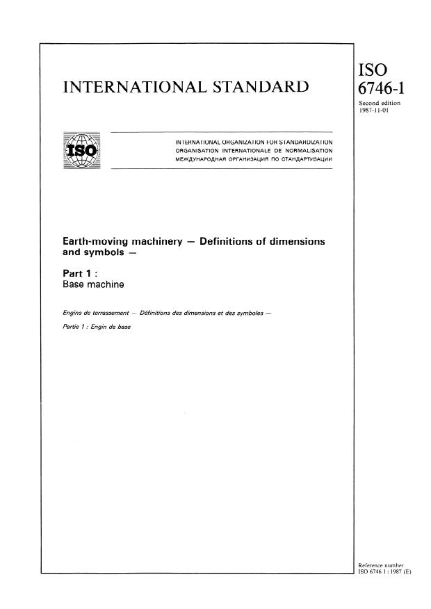 ISO 6746-1:1987 - Earth-moving machinery -- Definitions of dimensions and symbols