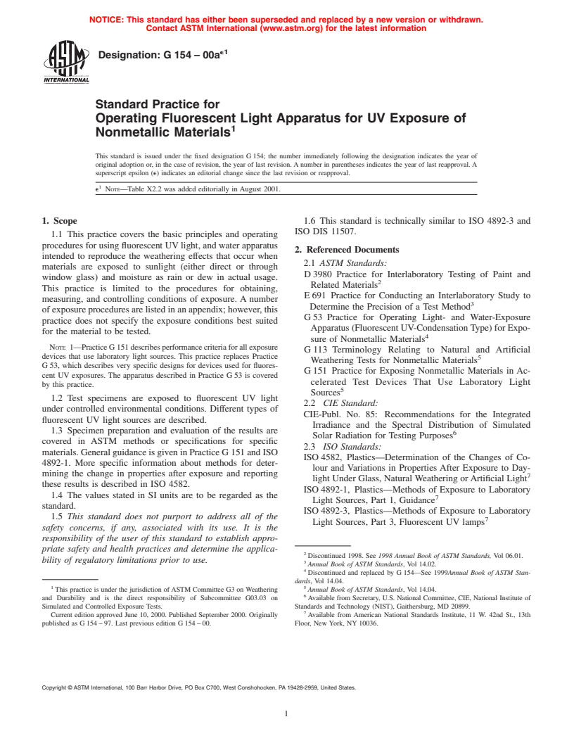 ASTM G154-00ae1 - Standard Practice for Operating Fluorescent Light Apparatus for UV Exposure of Nonmetallic Materials