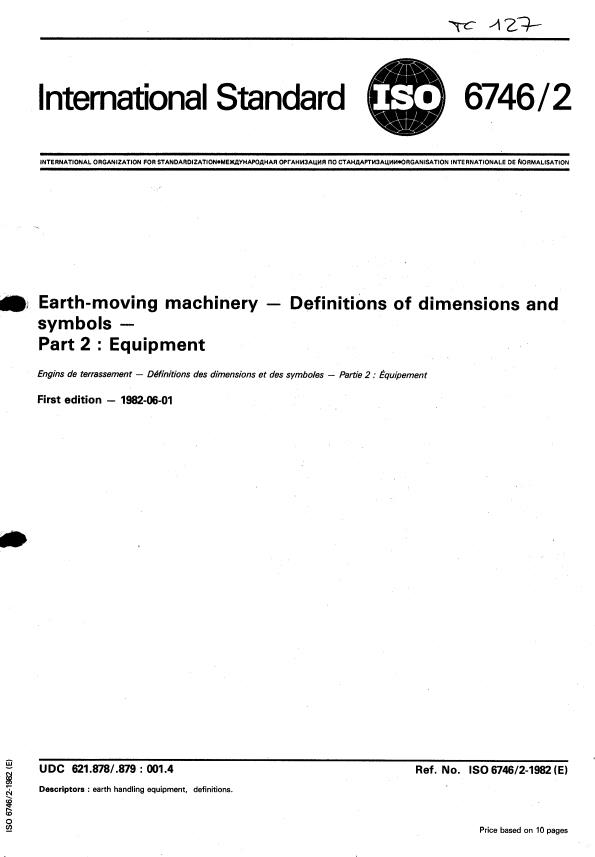 ISO 6746-2:1982 - Earth-moving machinery -- Definitions of dimensions and symbols