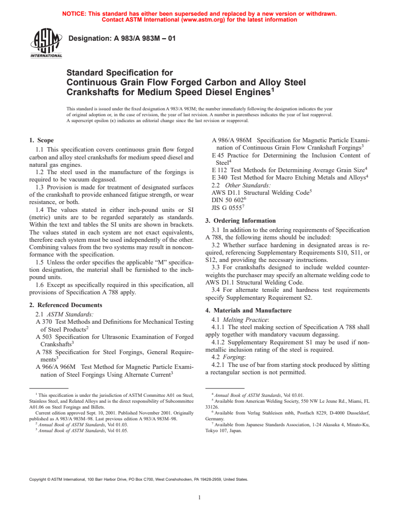 ASTM A983/A983M-01 - Standard Specification for Continuous Grain Flow Forged Carbon and Alloy Steel Crankshafts for Medium Speed Diesel Engines