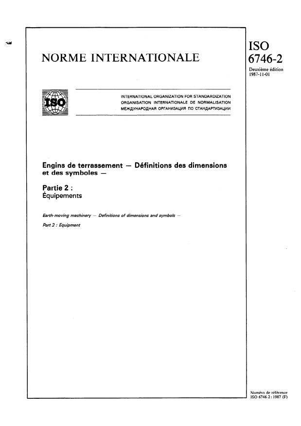 ISO 6746-2:1987 - Engins de terrassement -- Définitions des dimensions et des symboles