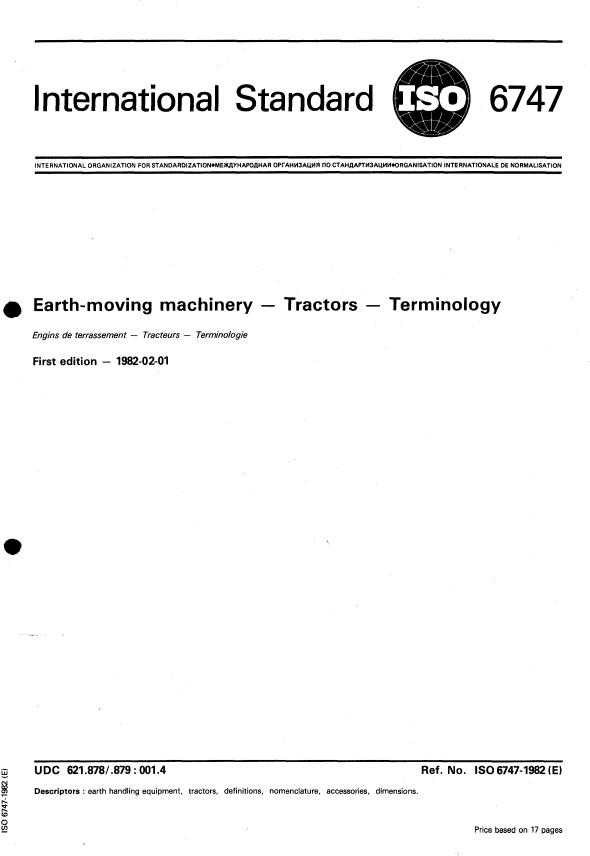 ISO 6747:1982 - Earth-moving machinery -- Tractors -- Terminology