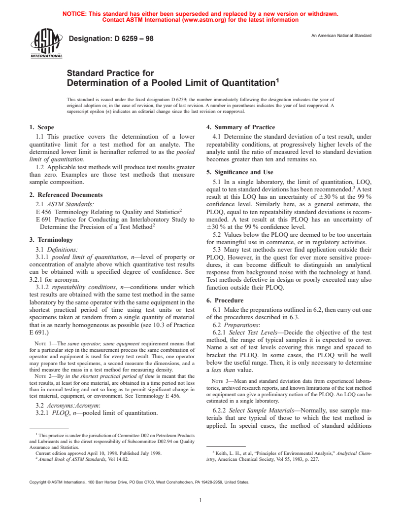 ASTM D6259-98 - Standard Practice for Determination of a Pooled Limit of Quantitation