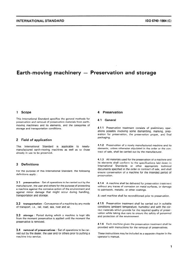 ISO 6749:1984 - Earth-moving machinery -- Preservation and storage