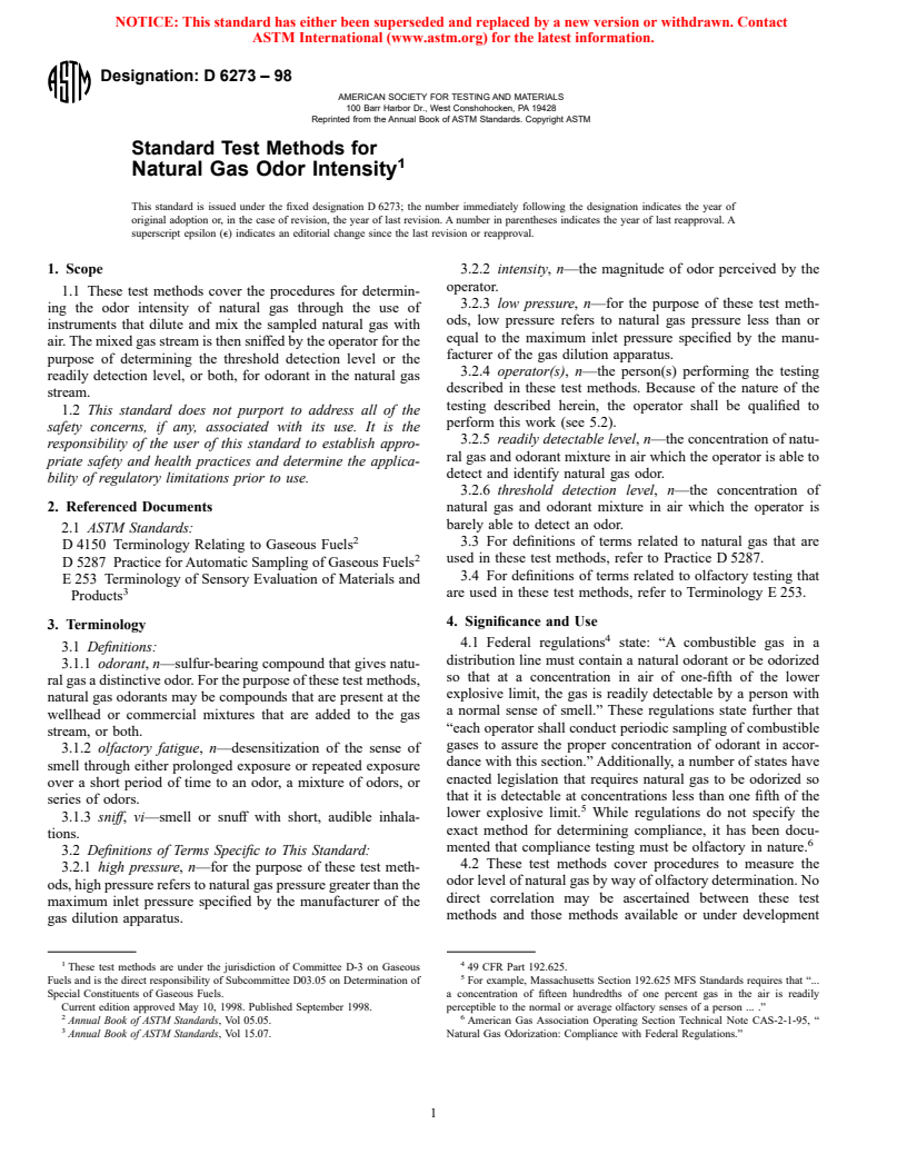 ASTM D6273-98 - Standard Test Methods for Natural Gas Odor Intensity