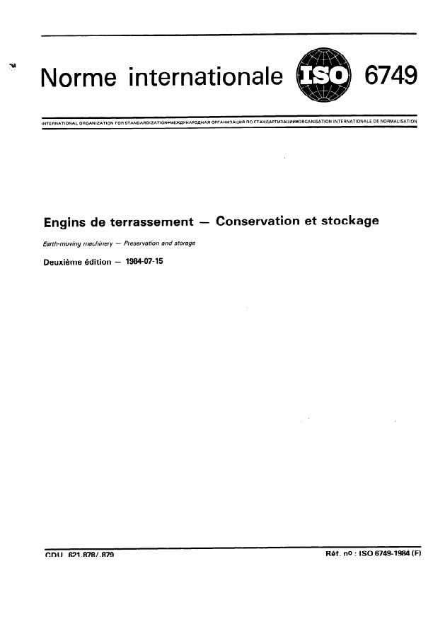 ISO 6749:1984 - Engins de terrassement -- Conservation et stockage