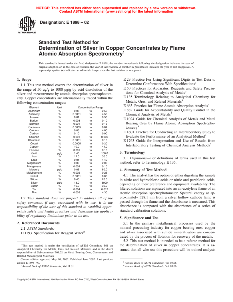 ASTM E1898-02 - Standard Test Method for Determination of Silver in Copper Concentrates by Flame Atomic Absorption Spectrometry
