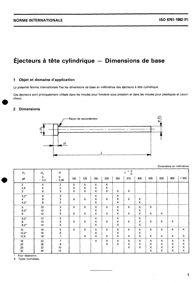 ISO 6751:1982 - Ejector pins with cylindrical head — Basic dimensions
Released:11/1/1982