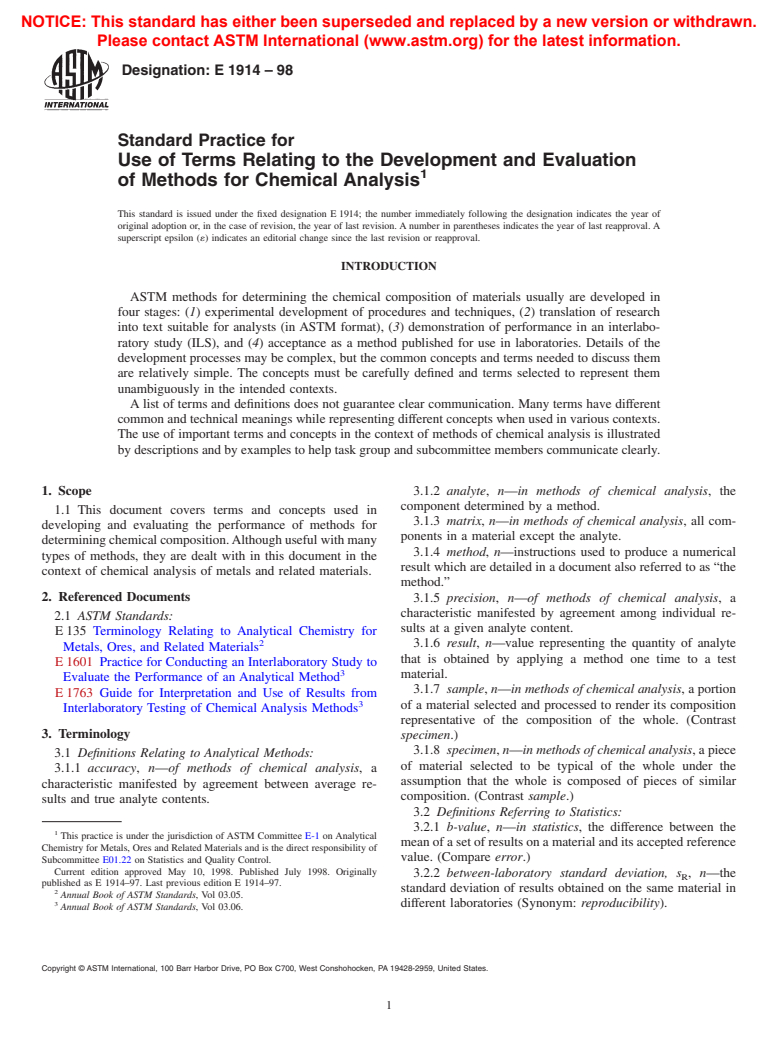 ASTM E1914-98 - Standard Practice for Use of Terms Relating to the Development and Evaluation of Methods for Chemical Analysis