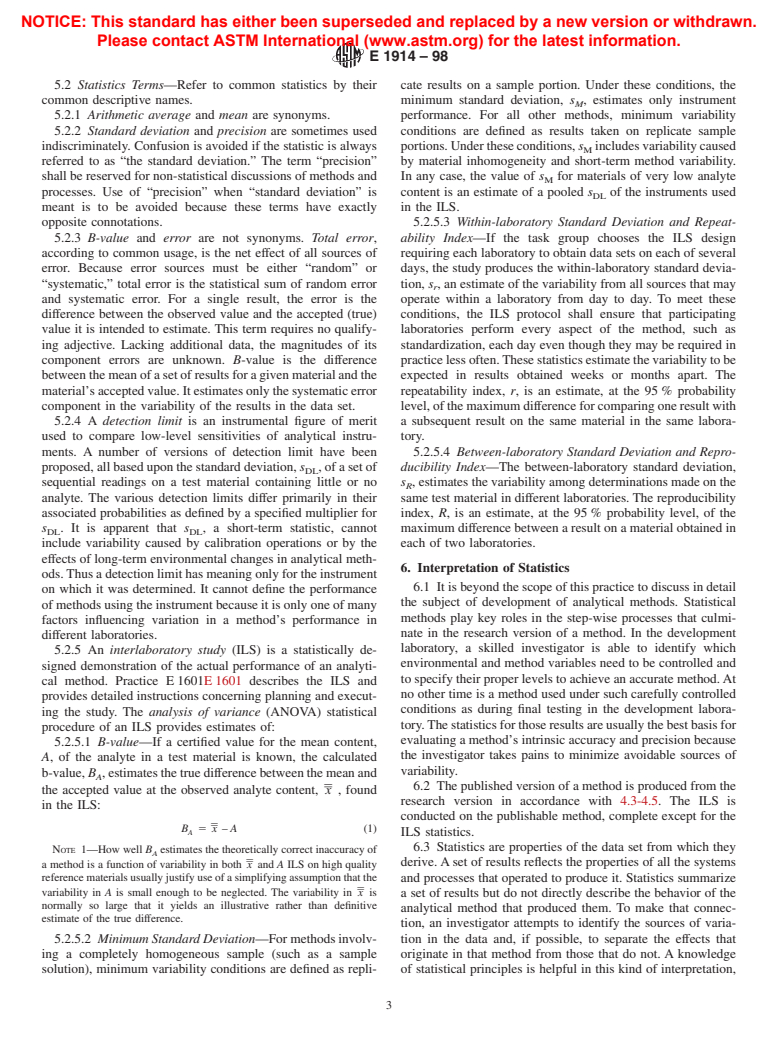 ASTM E1914-98 - Standard Practice for Use of Terms Relating to the Development and Evaluation of Methods for Chemical Analysis