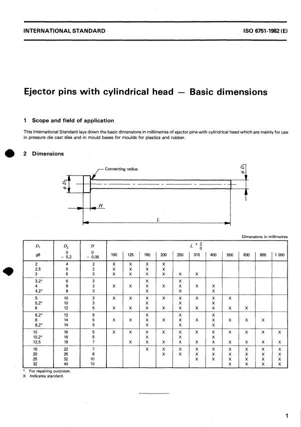 ISO 6751:1982 - Ejector pins with cylindrical head -- Basic dimensions
