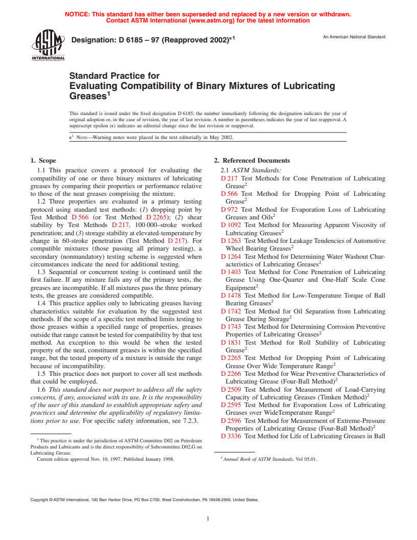 ASTM D6185-97(2002)e1 - Standard Practice for Evaluating Compatibility of Binary Mixtures of Lubricating Greases