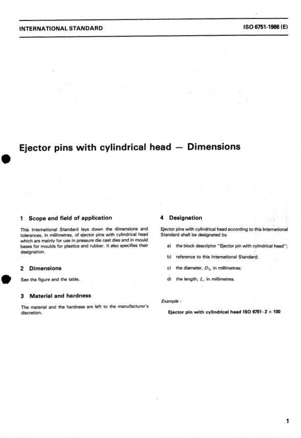 ISO 6751:1986 - Ejector pins with cylindrical head -- Dimensions