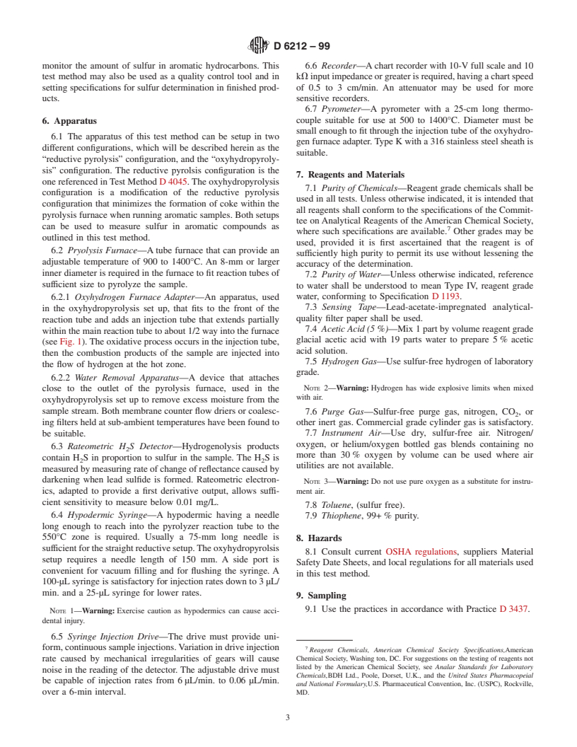 ASTM D6212-99 - Standard Test Method for Total Sulfur in Aromatic Compounds by Hydrogenolysis and Rateometric Colorimetry (Withdrawn 2008)