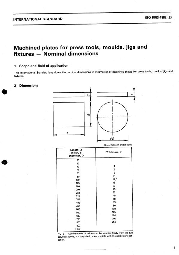 ISO 6753:1982 - Machined plates for press tools, moulds, jigs and fixtures -- Nominal dimensions