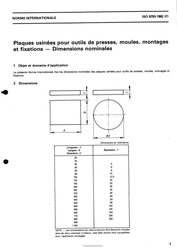 ISO 6753:1982 - Plaques usinées pour outils de presses, moules, montages et fixations -- Dimensions nominales