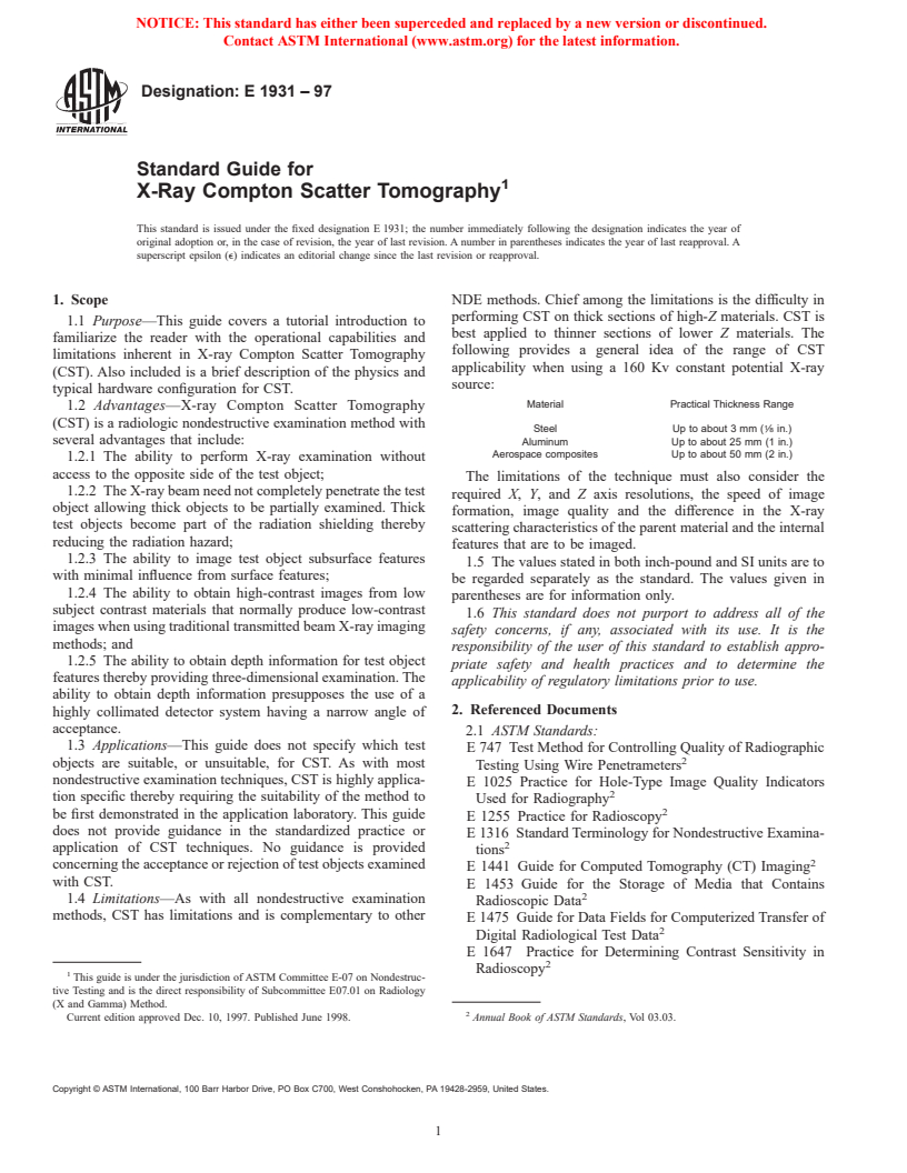 ASTM E1931-97 - Standard Guide for X-Ray Compton Scatter Tomography