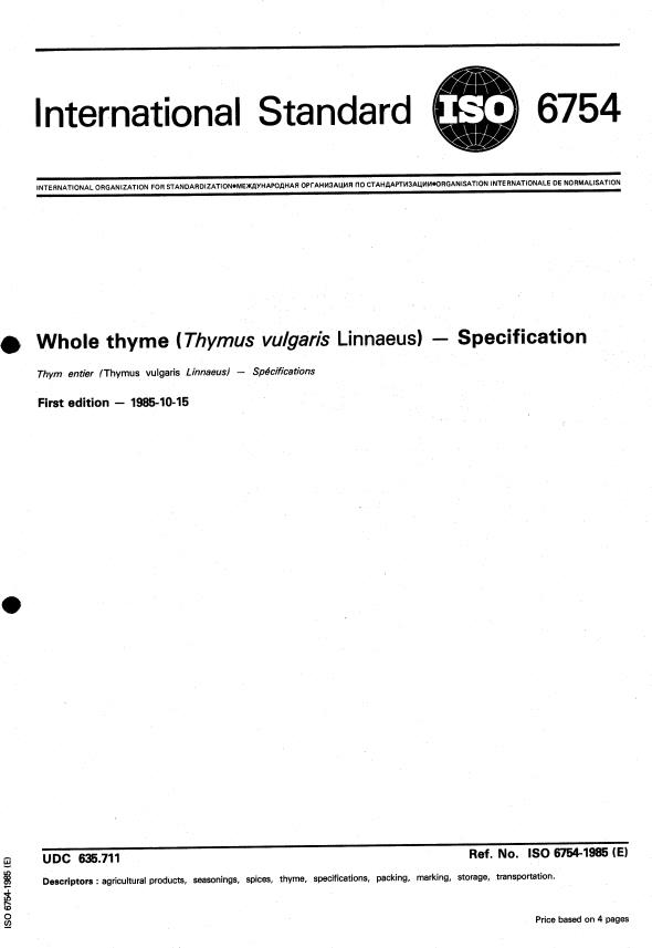ISO 6754:1985 - Whole thyme (Thymus vulgaris Linnaeus) -- Specification