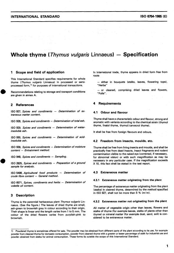 ISO 6754:1985 - Whole thyme (Thymus vulgaris Linnaeus) -- Specification