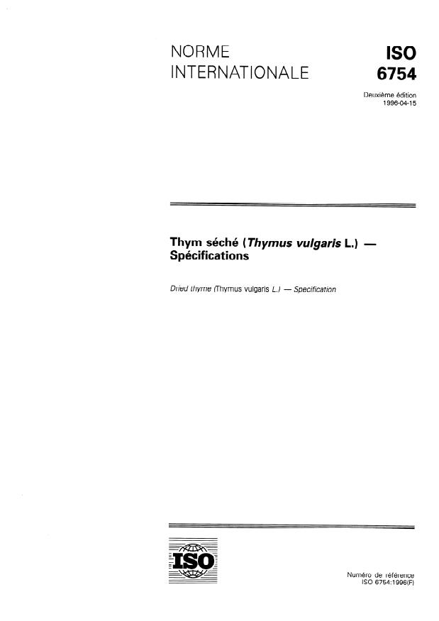 ISO 6754:1996 - Thym séché (Thymus vulgaris L.) -- Spécifications