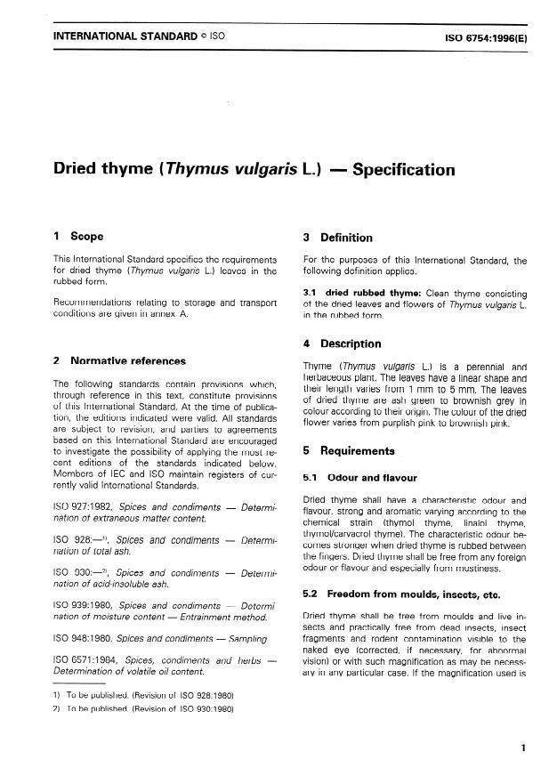 ISO 6754:1996 - Dried thyme (Thymus vulgaris L.) -- Specification