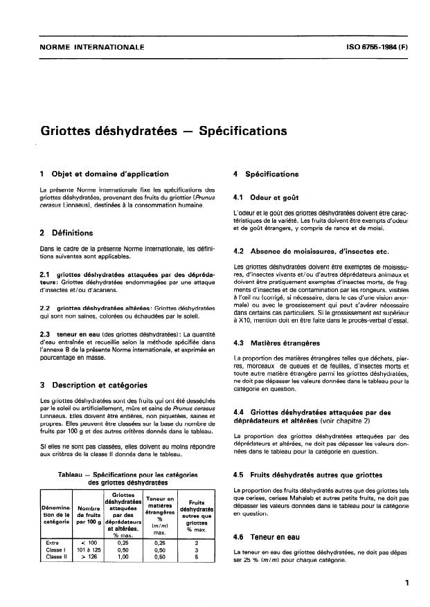 ISO 6755:1984 - Griottes déshydratées -- Spécifications