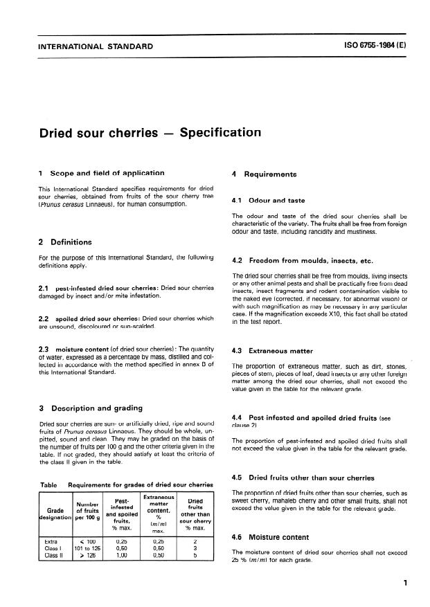 ISO 6755:1984 - Dried sour cherries -- Specification