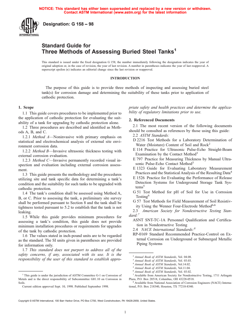 ASTM G158-98 - Standard Guide for Three Methods of Assessing Buried Steel Tanks