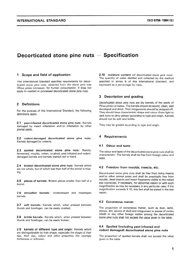 ISO 6756:1984 - Decorticated stone pine nuts -- Specification