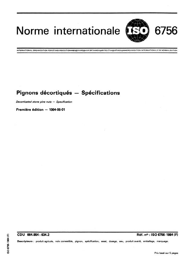 ISO 6756:1984 - Pignons décortiqués -- Spécifications