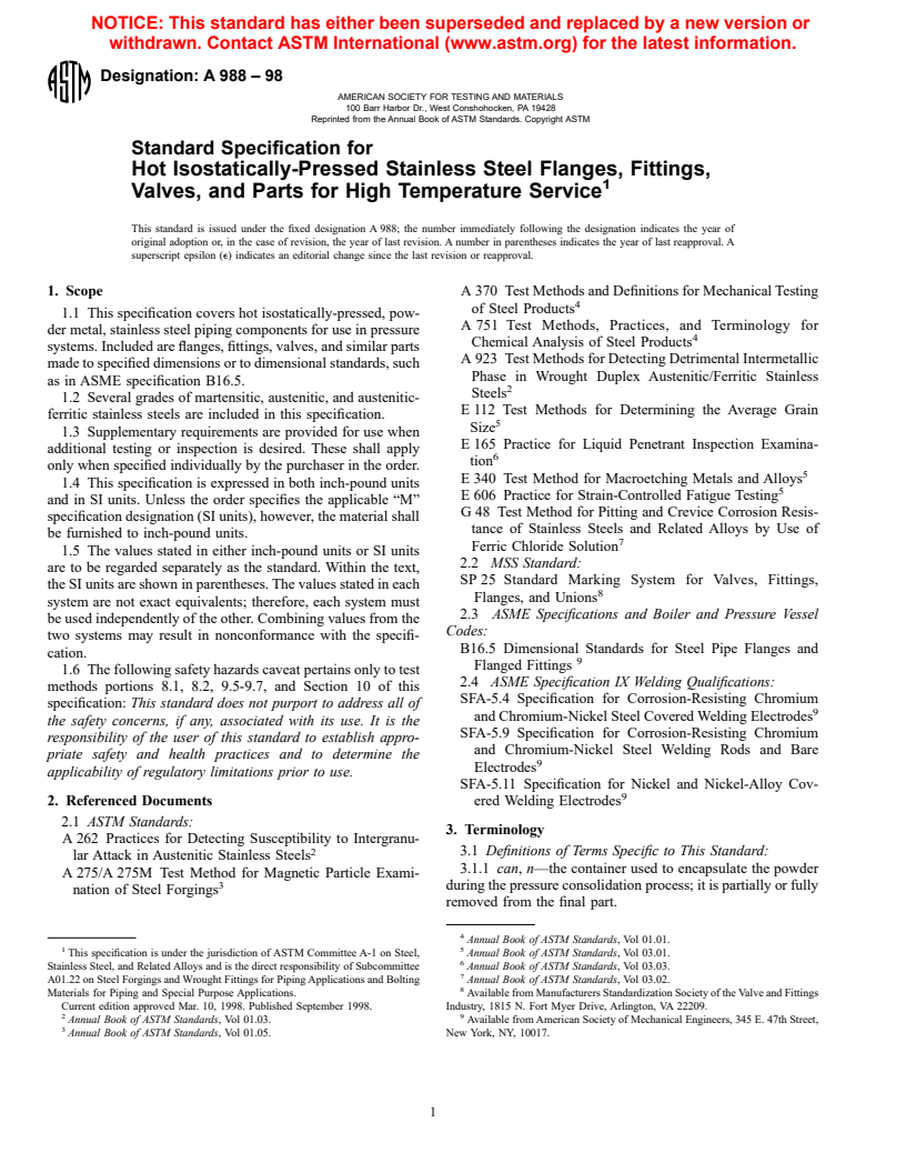 ASTM A988-98 - Standard Specification for Hot Isostatically-Pressed Stainless Steel Flanges, Fittings, Valves, and Parts for High Temperature Service