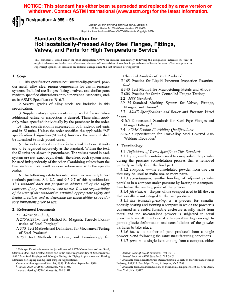 ASTM A989-98 - Standard Specification for Hot Isostatically-Pressed Alloy Steel Flanges, Fittings, Valves, and Parts for High Temperature Service