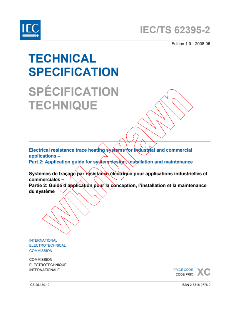 IEC TS 62395-2:2008 - Electrical resistance trace heating systems for industrial and commercial applications - Part 2: Application guide for system design, installation and maintenance
Released:6/25/2008
Isbn:2831897769