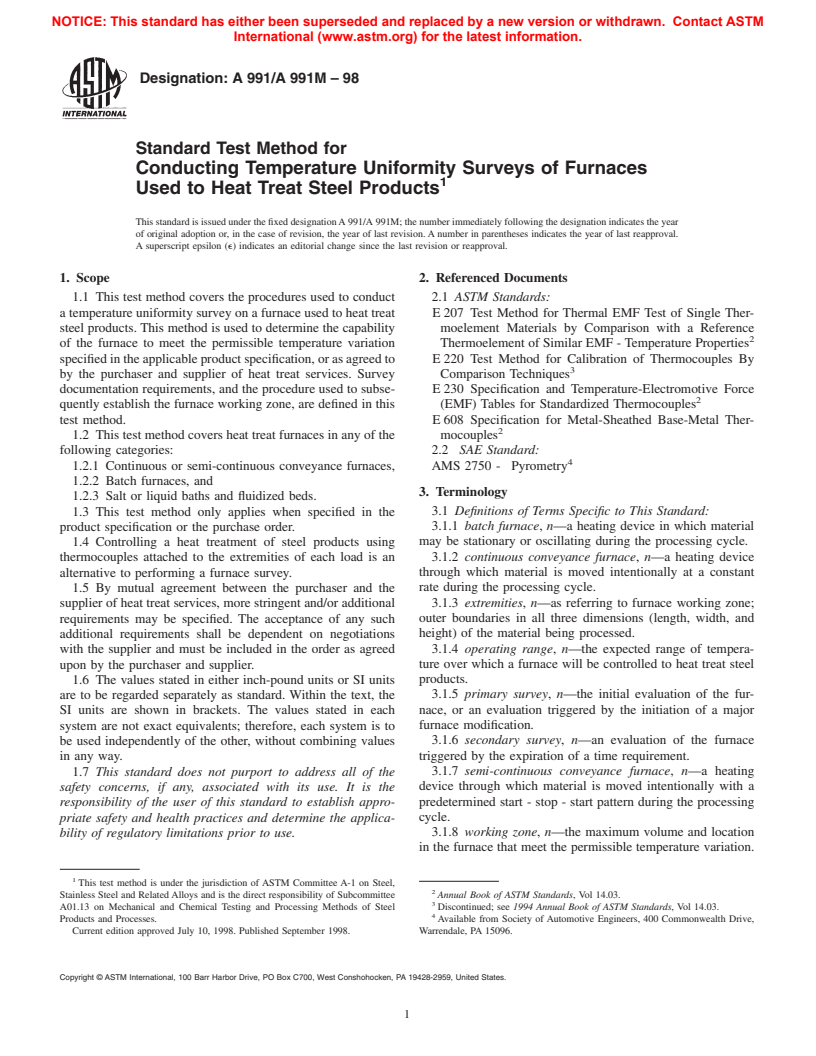 ASTM A991/A991M-98 - Standard Test Method for Conducting Temperature Uniformity Surveys of Furnaces Used to Heat Treat Steel Products