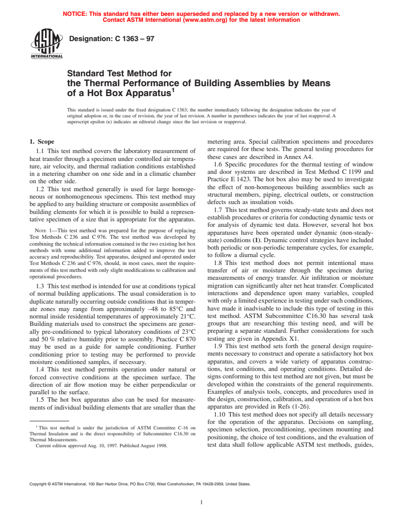 ASTM C1363-97 - Standard Test Method for the Thermal Performance of Building Assemblies by Means of a Hot Box Apparatus
