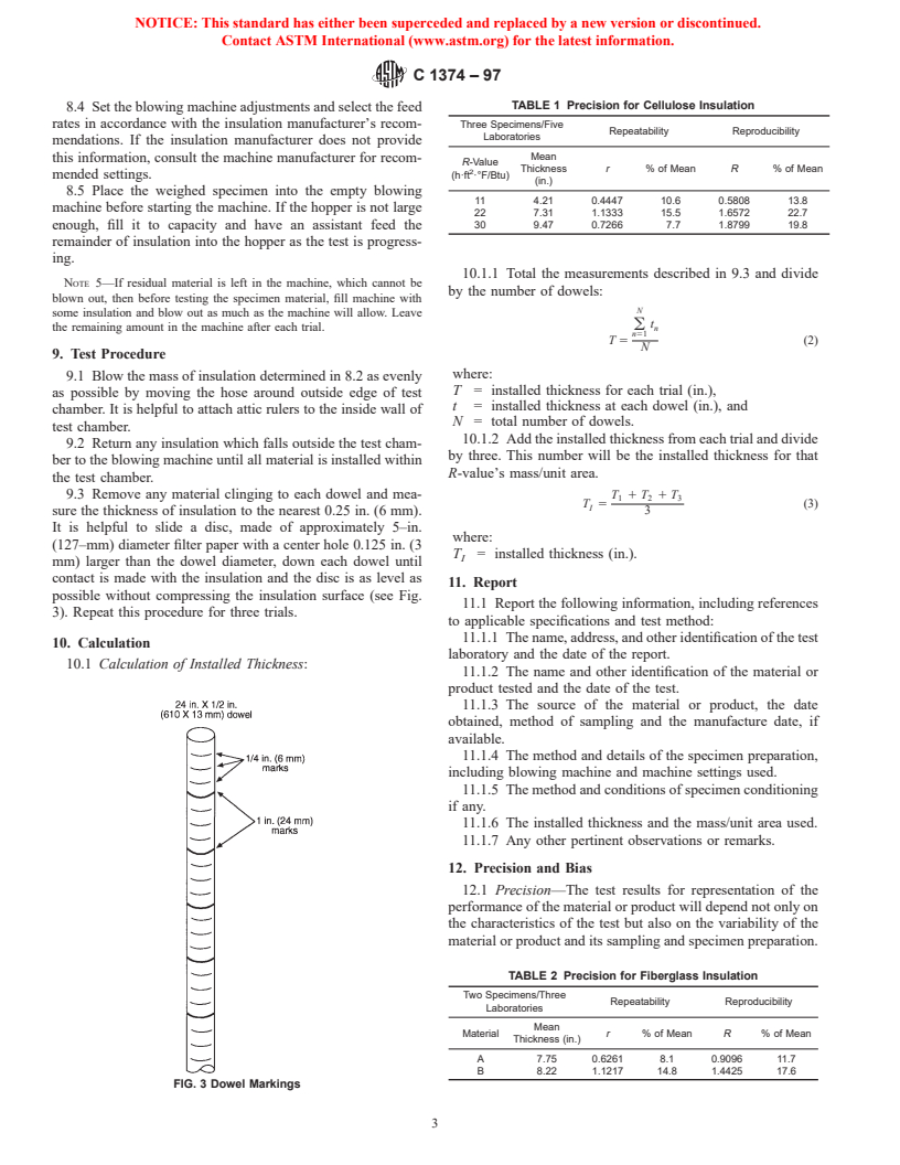 ASTM C1374-97 - Standard Test Method for Determination of Installed Thickness of Pneumatically Applied Loose-Fill Building Insulation