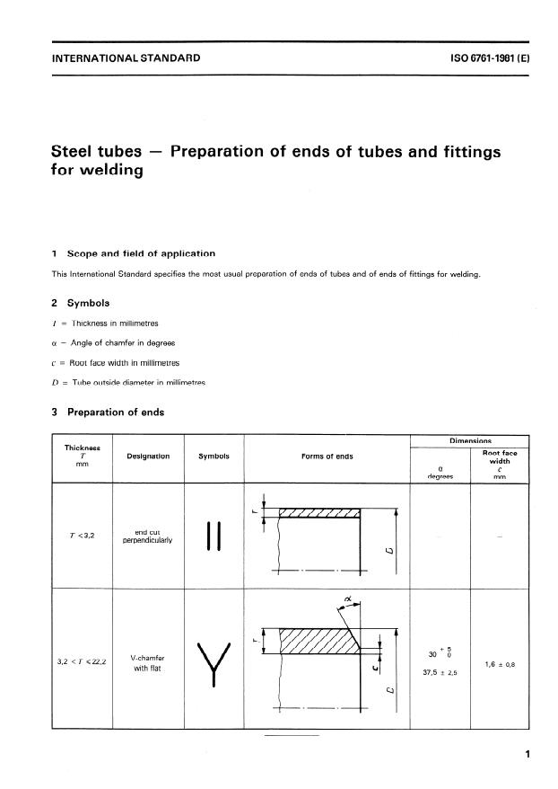 ISO 6761:1981 - Steel tubes -- Preparation of ends of tubes and fittings for welding